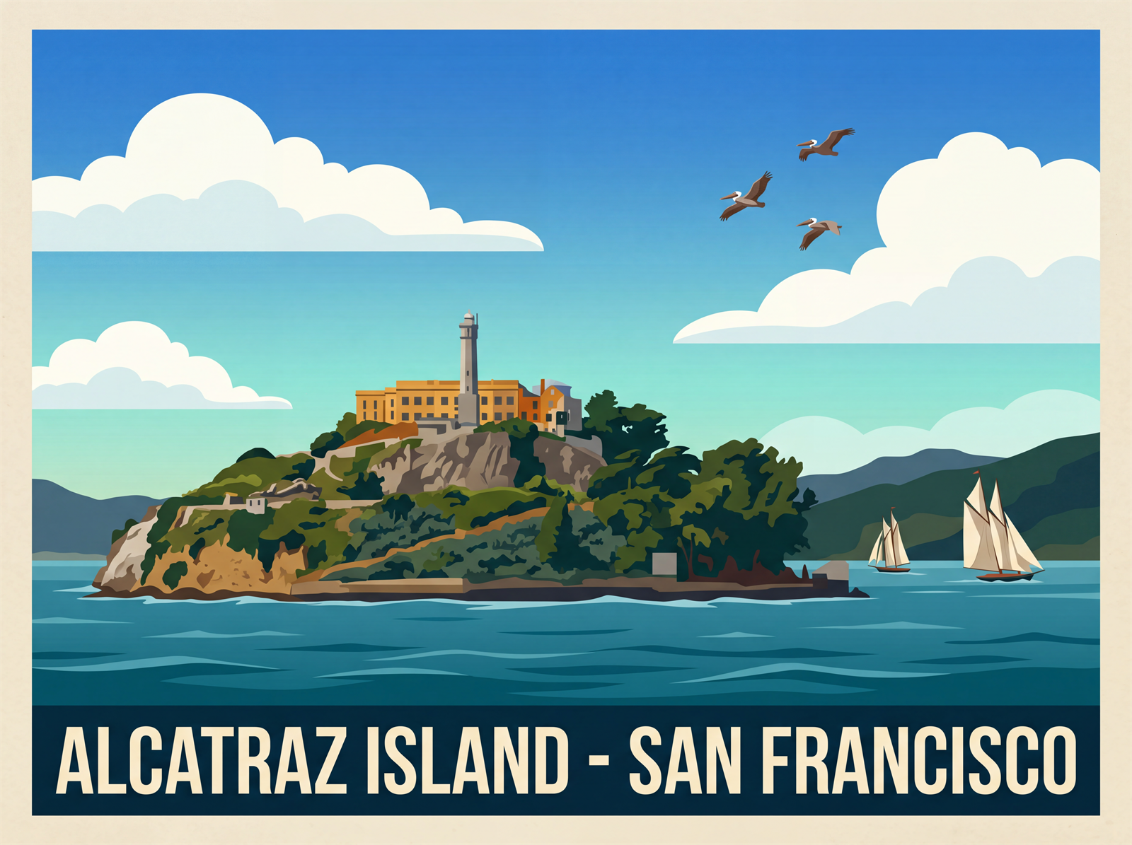 Alcatraz Island San Francisco stretched canvas print featuring lighthouse and bay fog