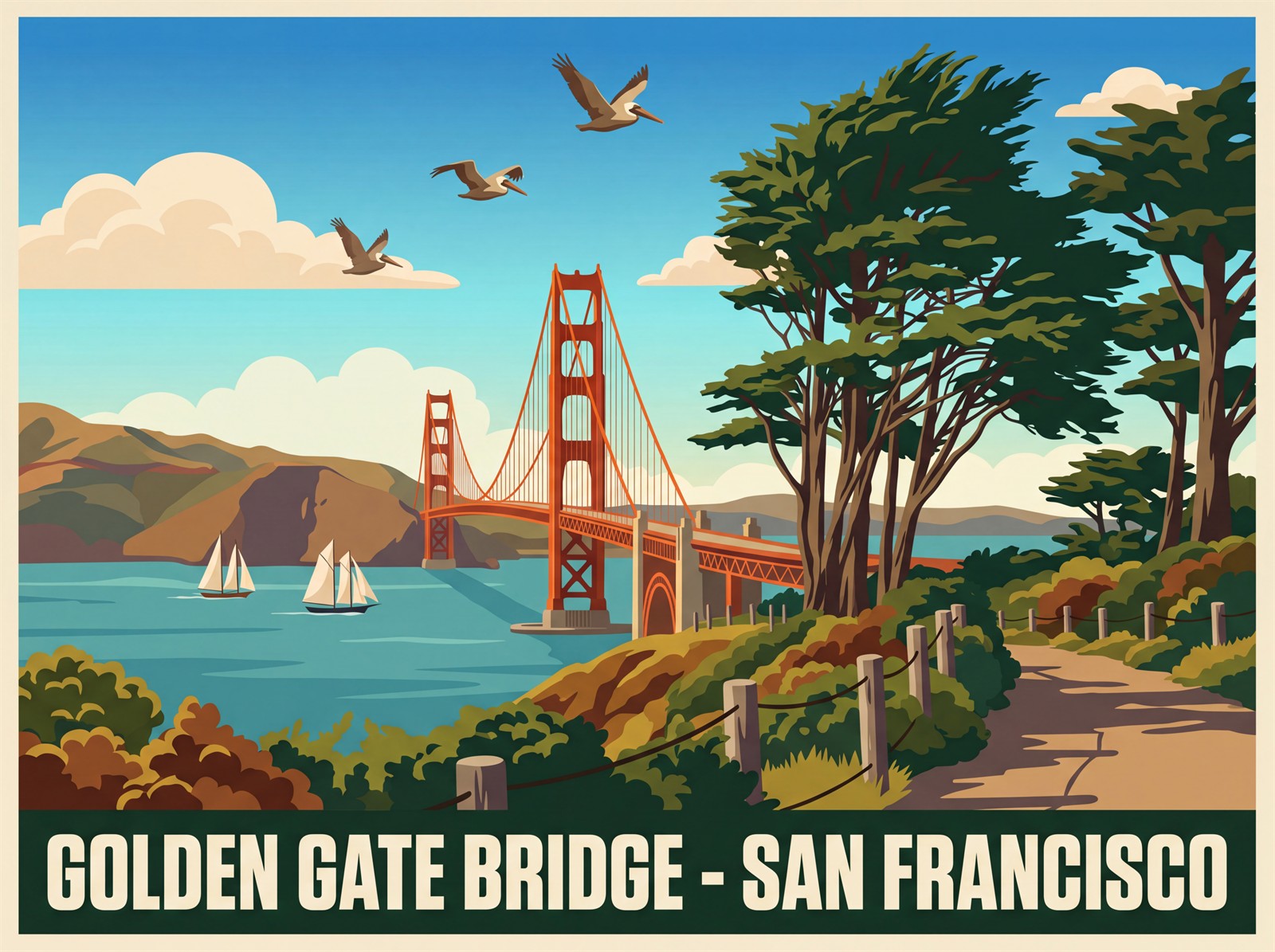 Golden Gate Bridge sunset stretched canvas print with warm orange sky and SF Bay sailboats