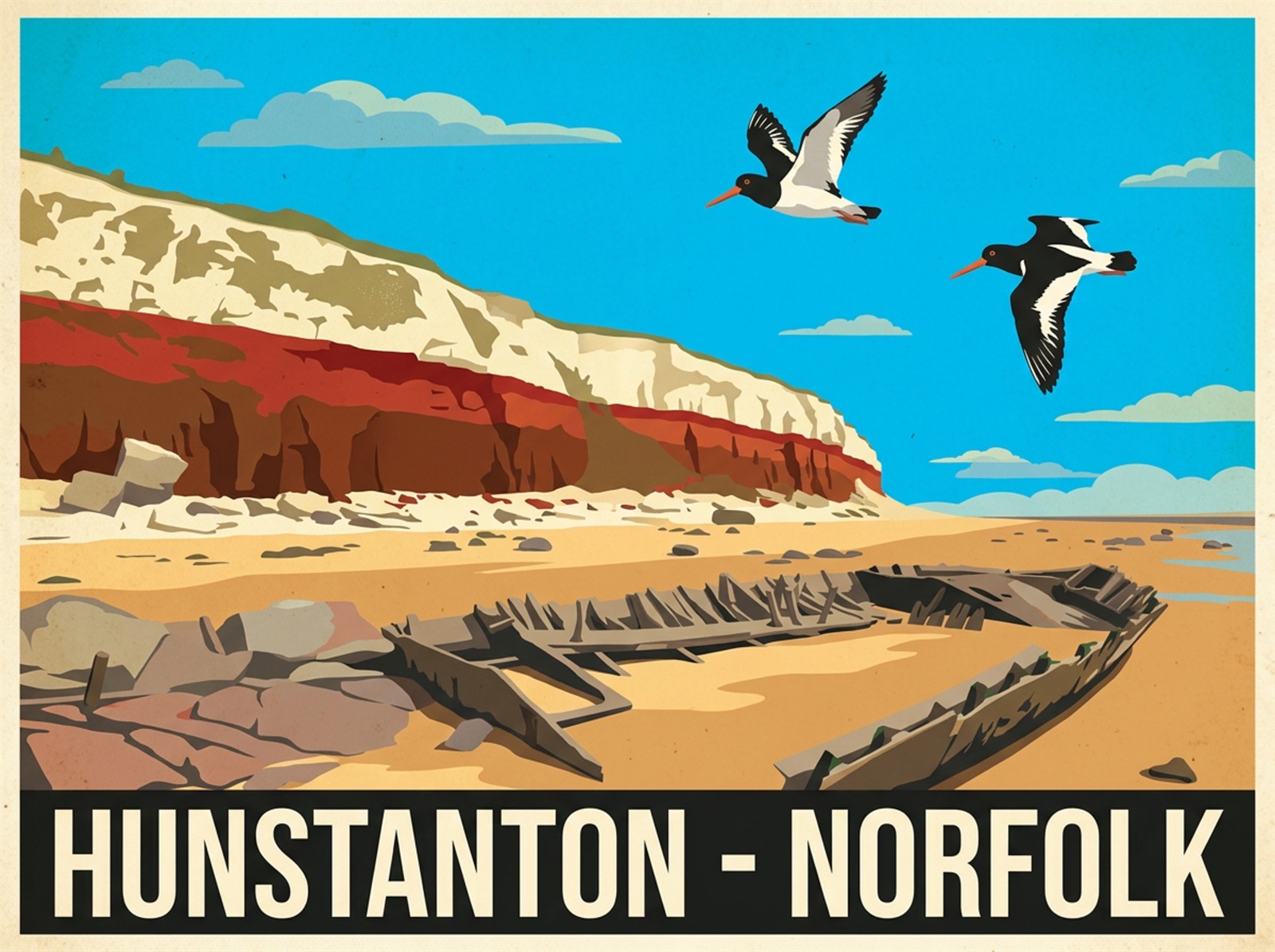 Hunstanton Norfolk stretched canvas print featuring red and white striped carrstone cliffs