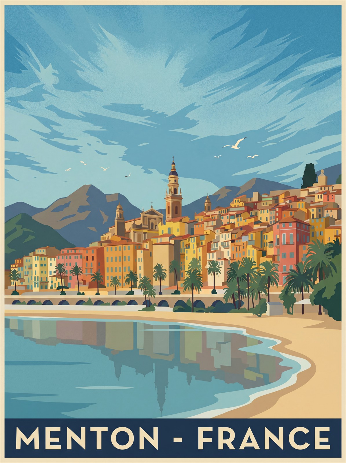 Menton French Riviera stretched canvas print showing pastel seaside town buildings
