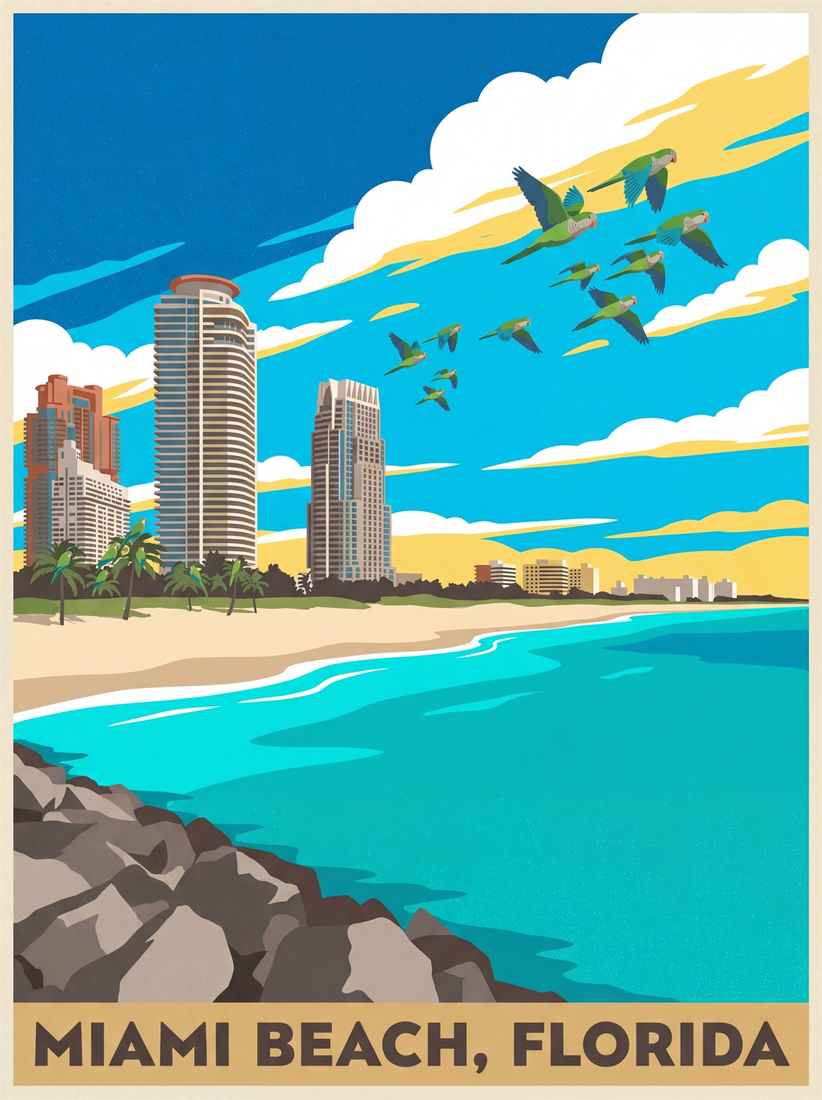 Miami Beach stretched canvas print depicting Ocean Drive Art Deco architecture and palm trees