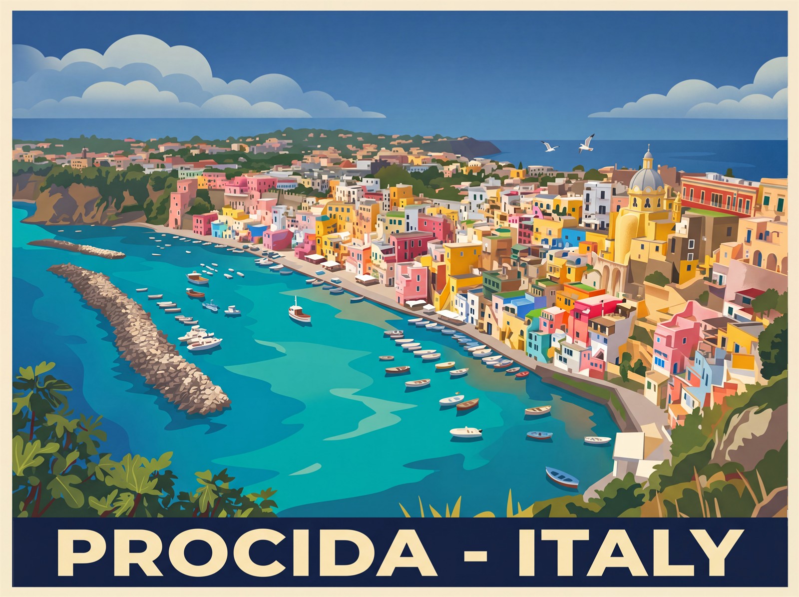 Procida Italy stretched canvas print featuring Corricella colorful fishing harbor