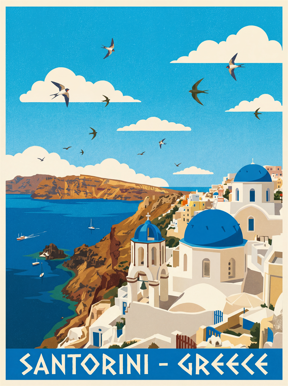 Santorini sunset stretched canvas print with golden light over Aegean sea and windmills
