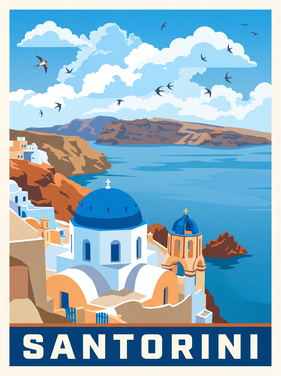 Santorini Greece stretched canvas print illustrating white-washed Oia blue dome churches