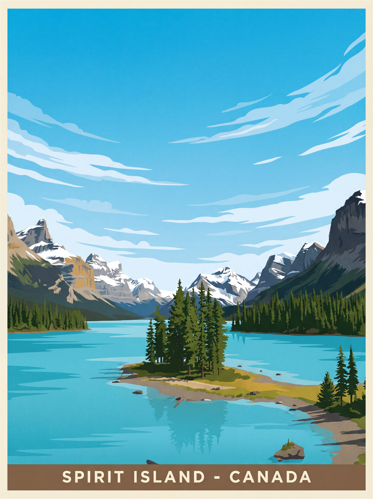 Spirit Island Jasper stretched canvas print featuring towering Canadian Rockies peaks