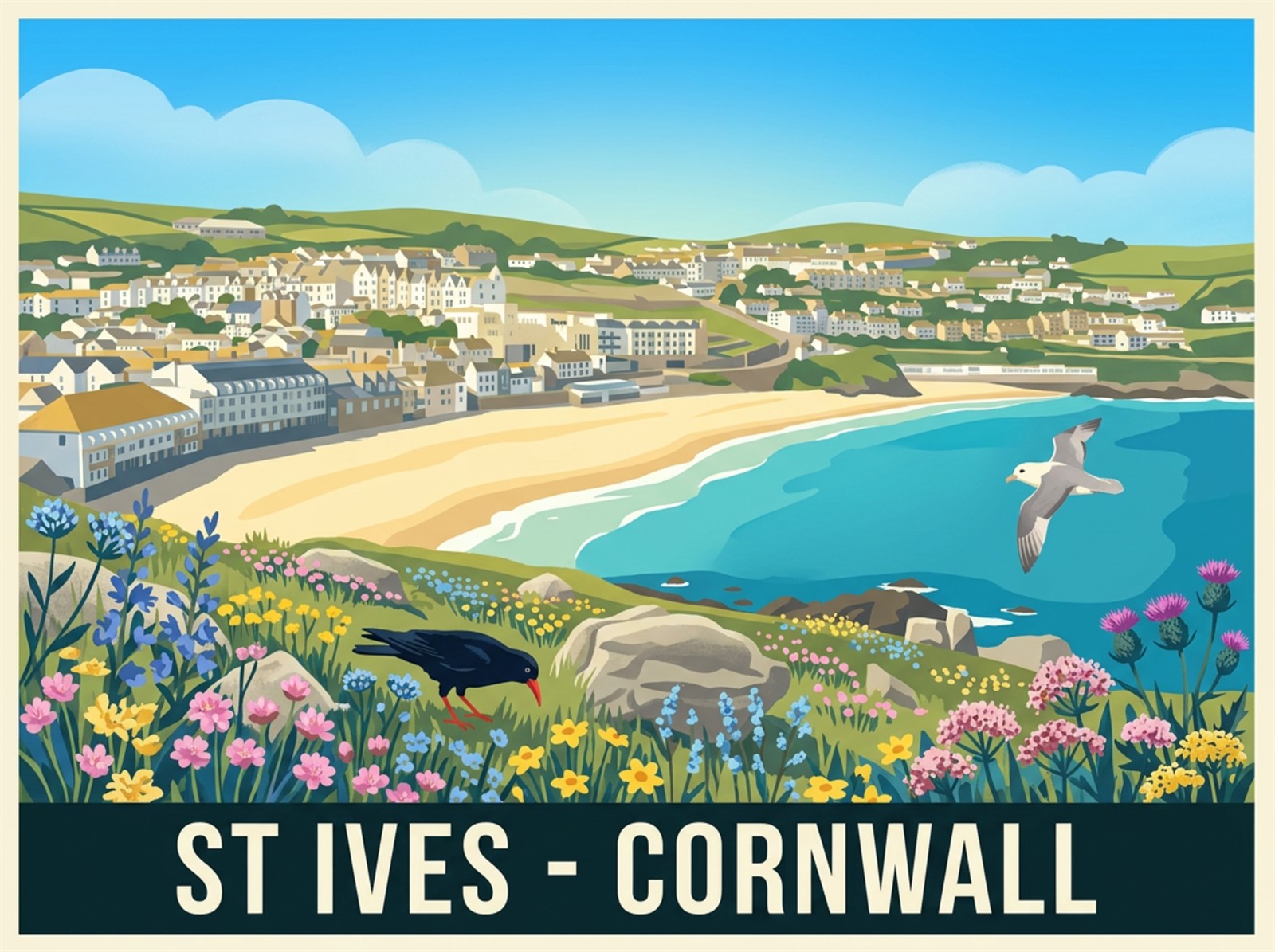 St Ives Cornwall stretched canvas print depicting Porthmeor beach and turquoise sea