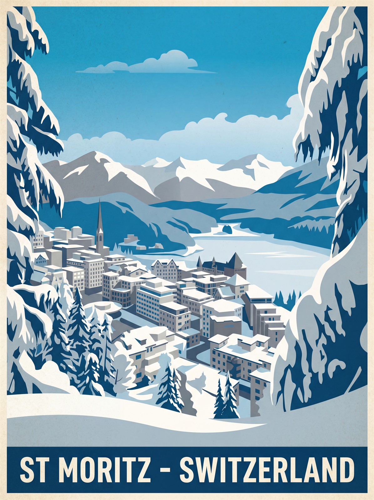 St Moritz Switzerland stretched canvas print showing frozen lake and snow peaks