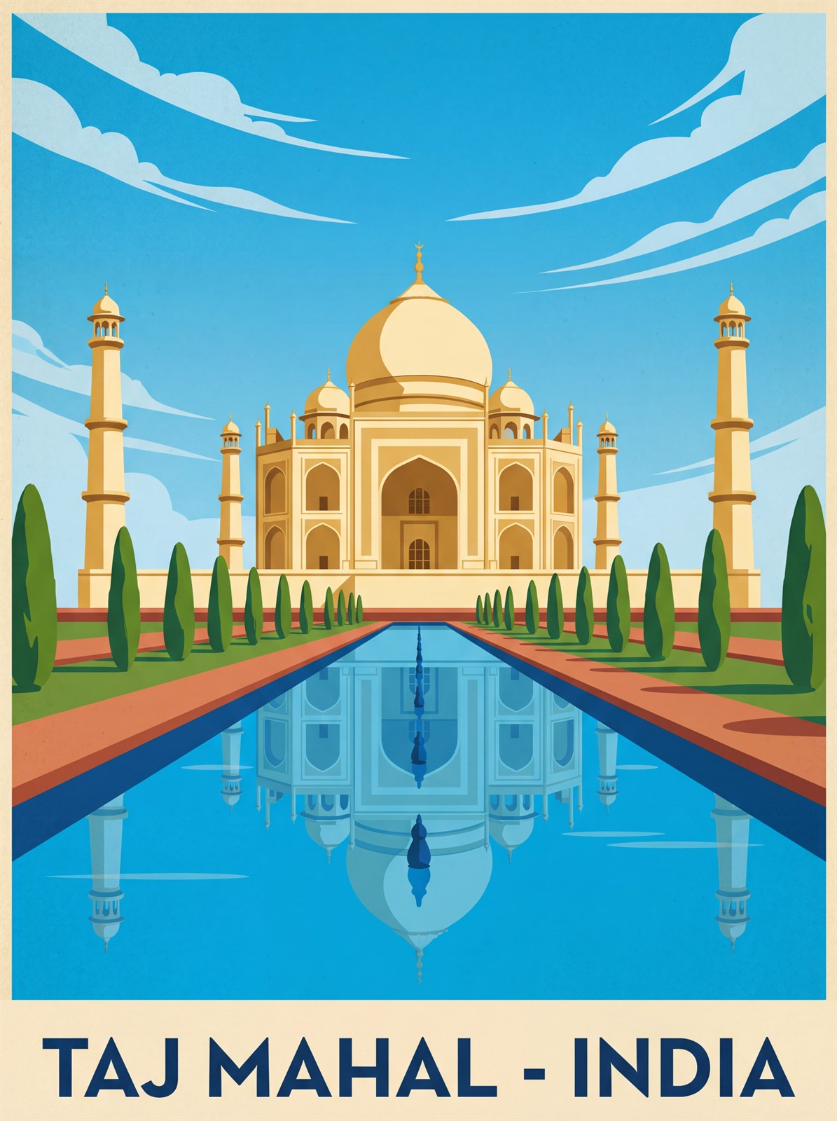 Taj Mahal India stretched canvas print depicting white marble mausoleum and garden pool