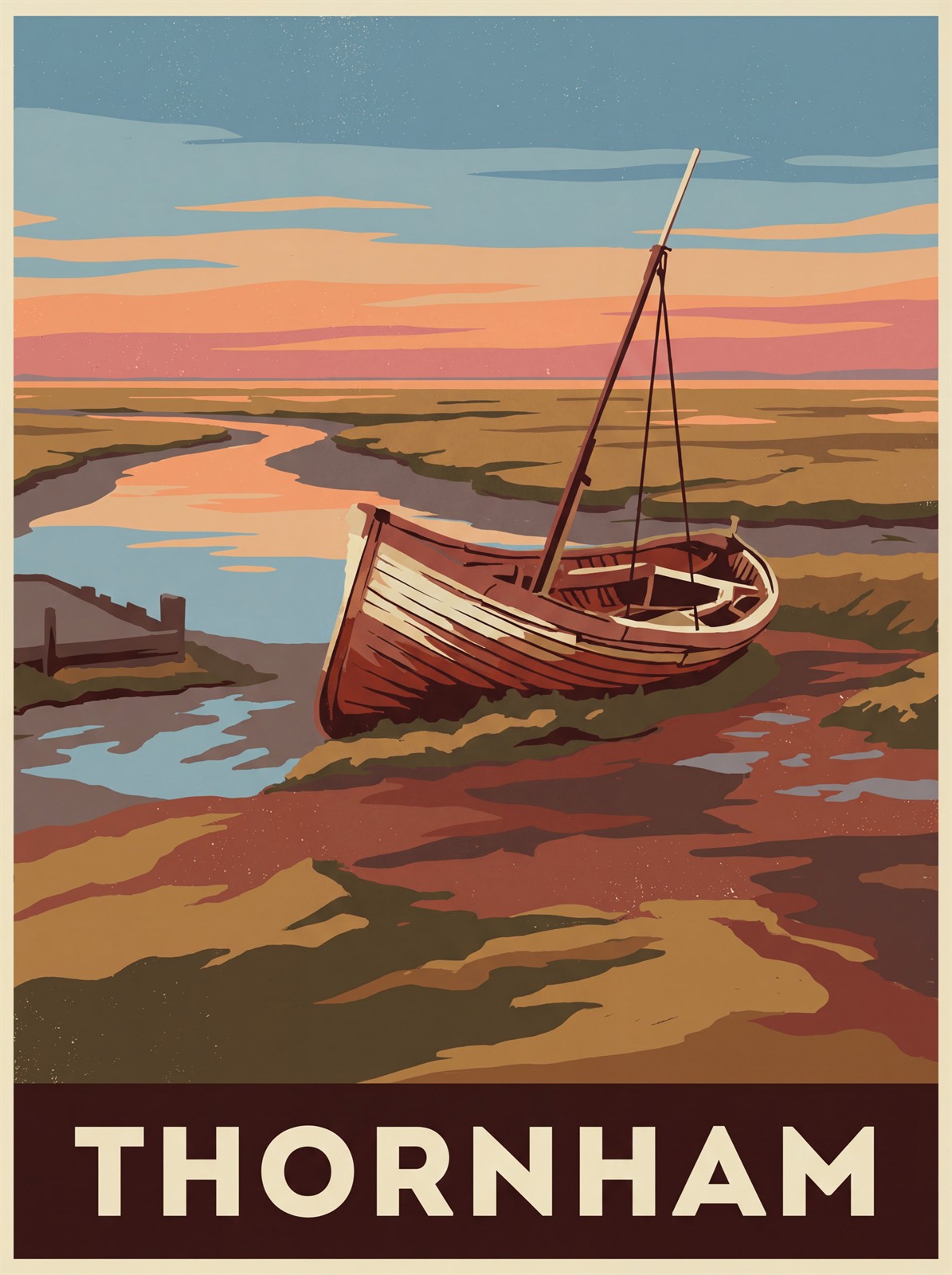 Thornham Creek Norfolk stretched canvas print illustrating marshland boats and sunset skies