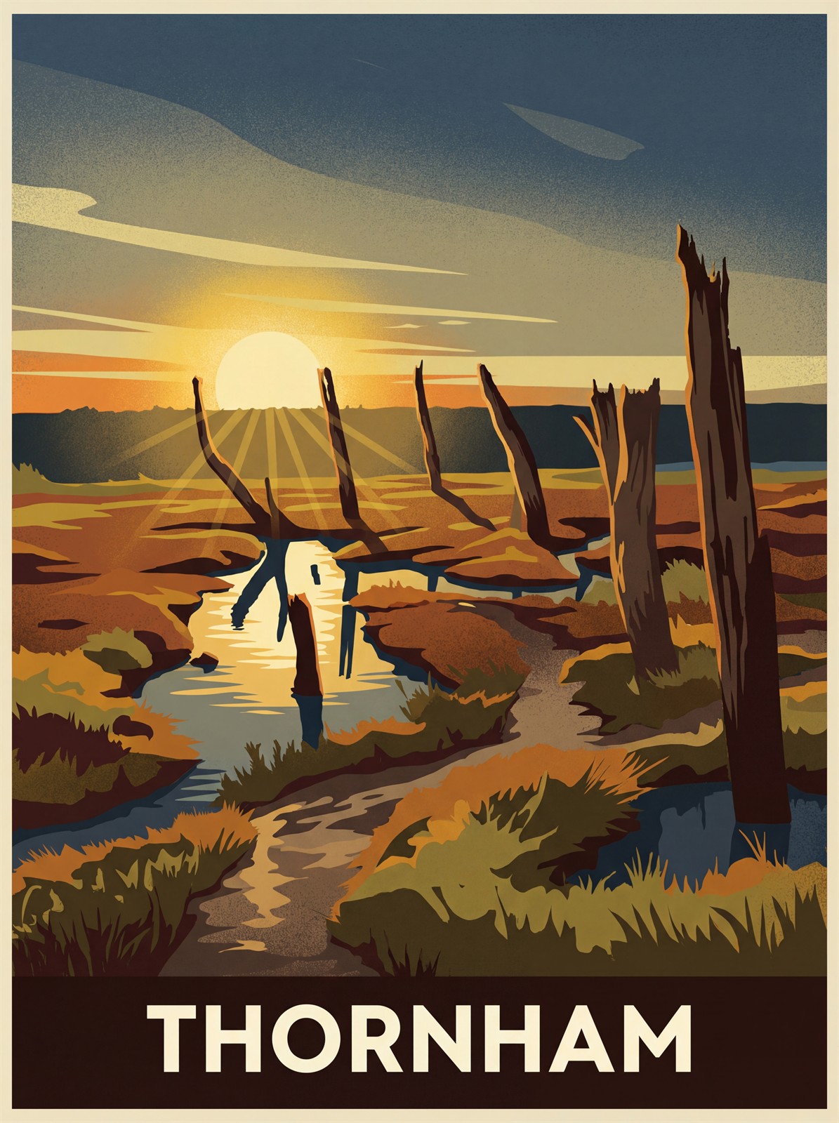 Thornham Marsh sunset stretched canvas print depicting weathered wreck timbers against an evening sky