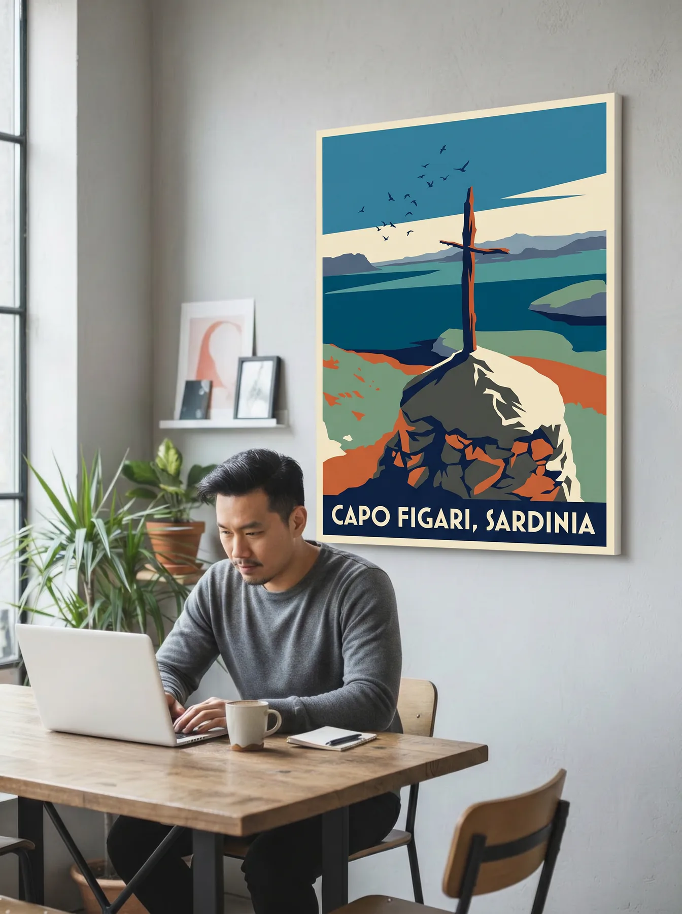 Capo Figari vintage travel-poster canvas displayed in a home setting