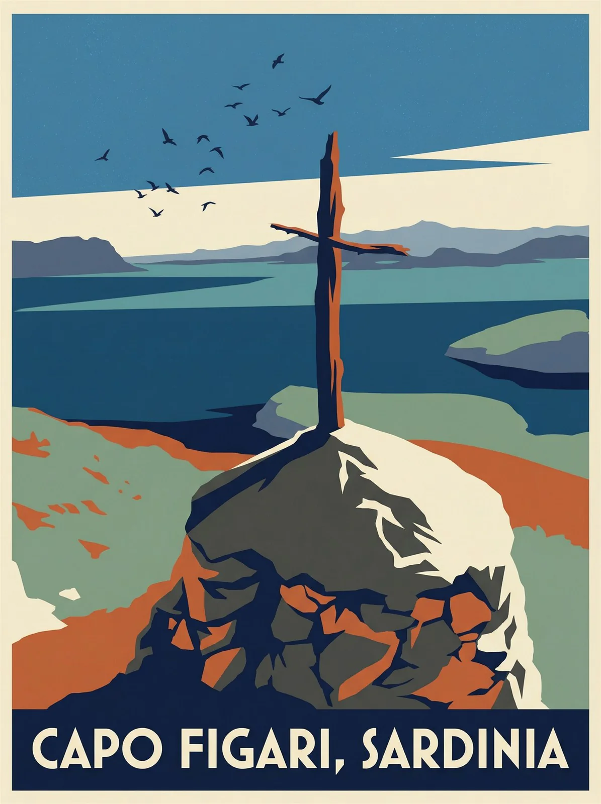 Capo Figari reimagined as a vintage-style travel poster