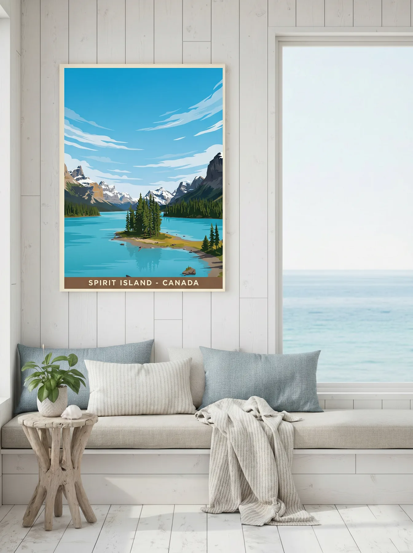 Spirit Island vintage travel-poster canvas displayed in a home setting