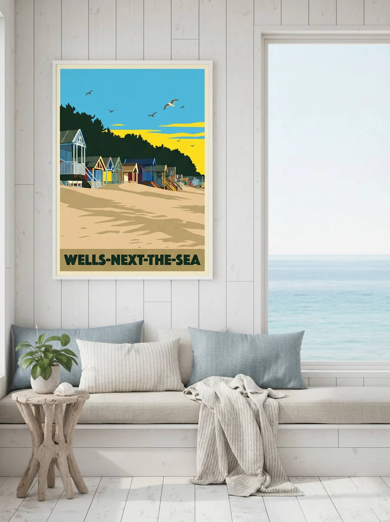 Wells-next-the-Sea vintage travel-poster canvas displayed in a home setting