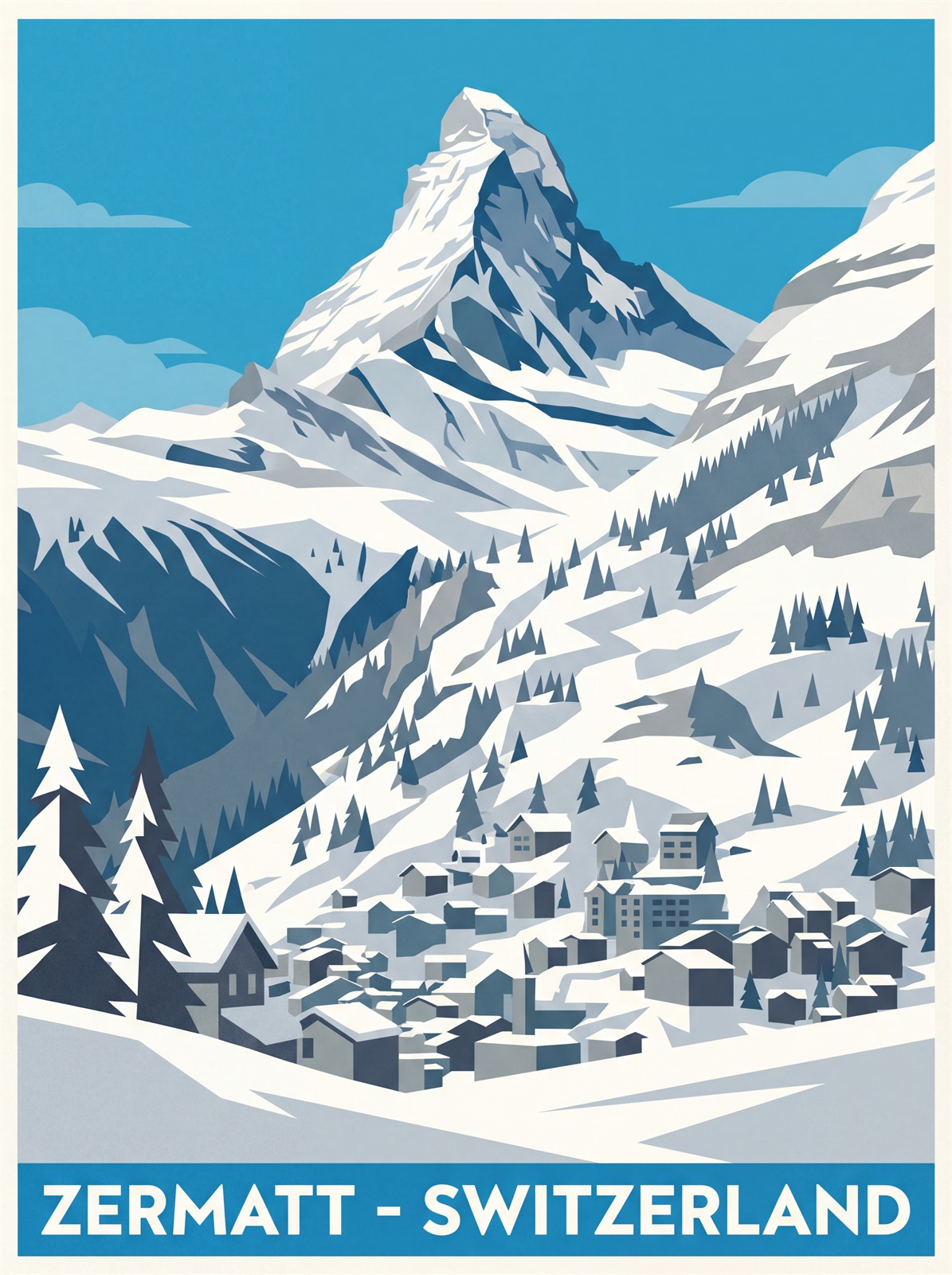 Zermatt Matterhorn stretched canvas print showing pyramid mountain peak and pine valley